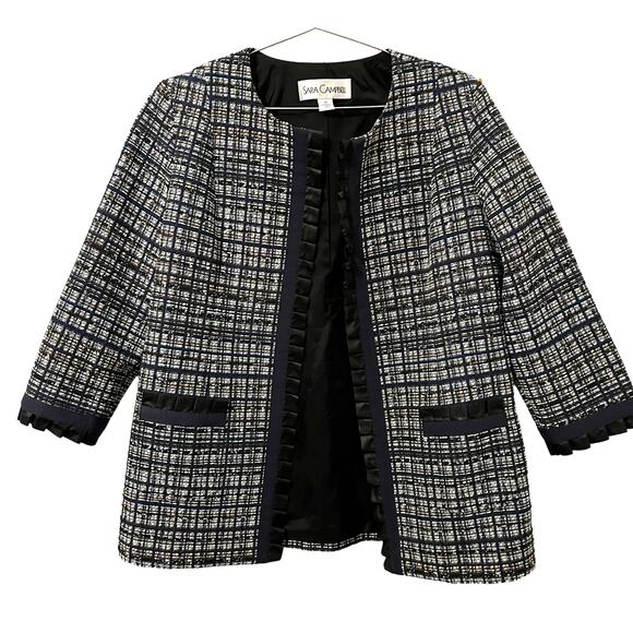 Sara Campbell Women’s Navy Tweed w fuax leather Ruffle Trim Blazer 10 - Picture 1 of 7